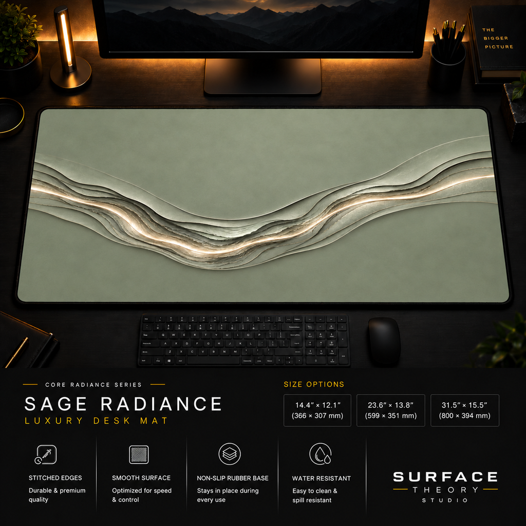 Sage Radiance desk mat in a dark workstation with warm monitor lighting.