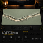 Sage Radiance desk mat in a dark workstation with warm monitor lighting.