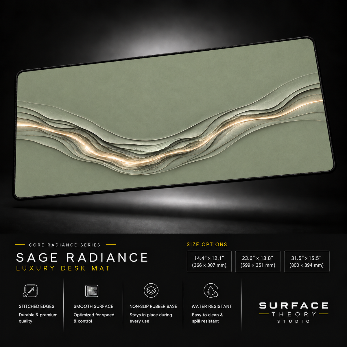 Sage Radiance desk mat floating against a dark studio background.
