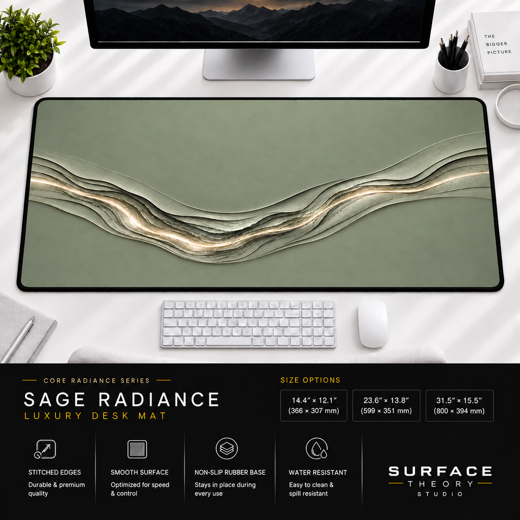 Sage Radiance desk mat beneath a monitor on a bright desk with a white keyboard and mouse.