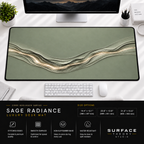 Sage Radiance desk mat beneath a monitor on a bright desk with a white keyboard and mouse.