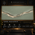 Sage Radiance desk mat in a gold-toned showcase frame above a keyboard.