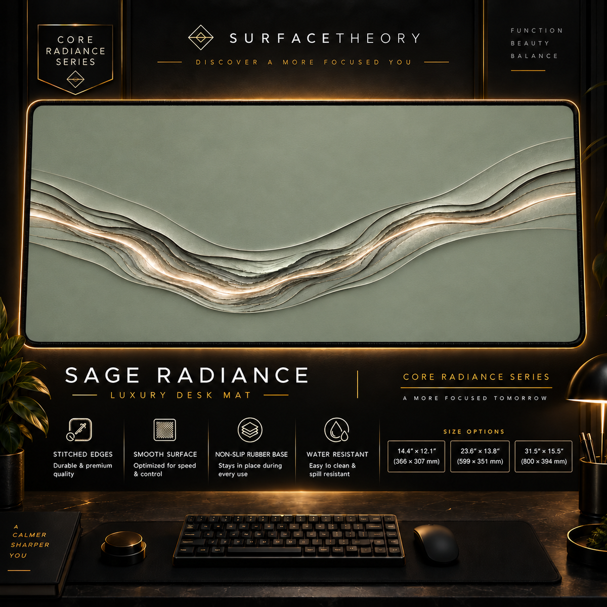 Sage Radiance desk mat in a gold-toned showcase frame above a keyboard.