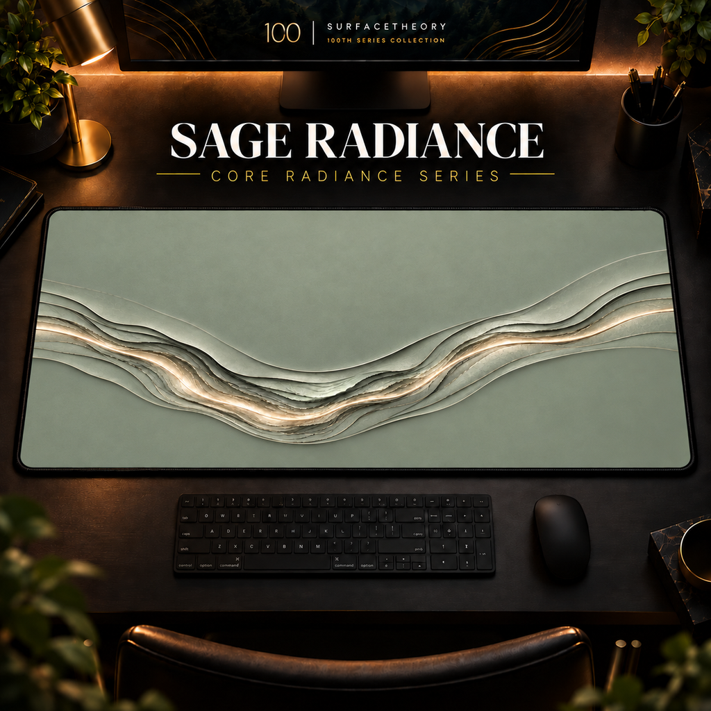 Sage Radiance desk mat in a warm, dark workspace.
