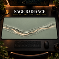 Sage Radiance desk mat in a warm, dark workspace.