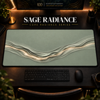 Sage Radiance desk mat in a warm, dark workspace.