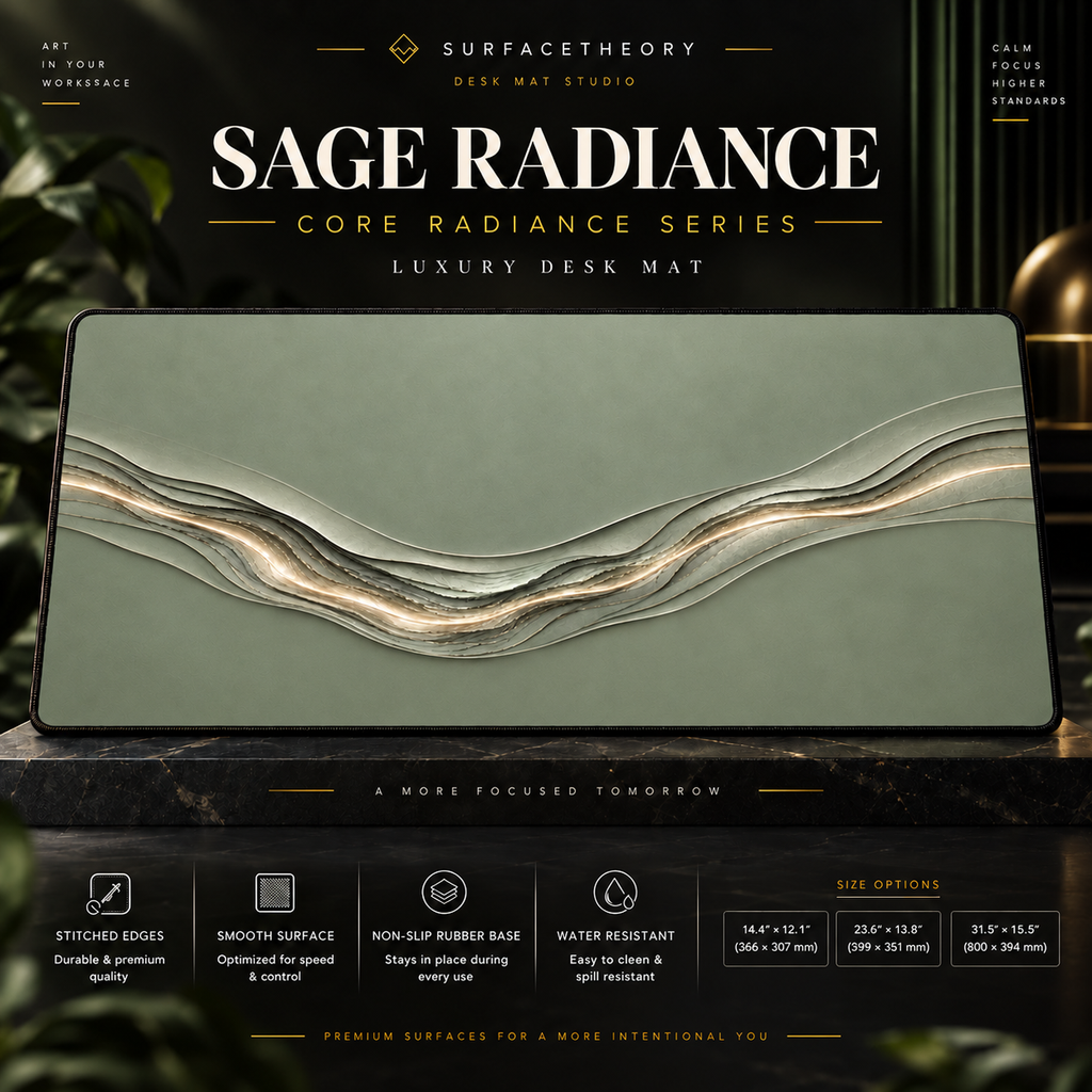 Sage Radiance desk mat on a studio display with size and product information.