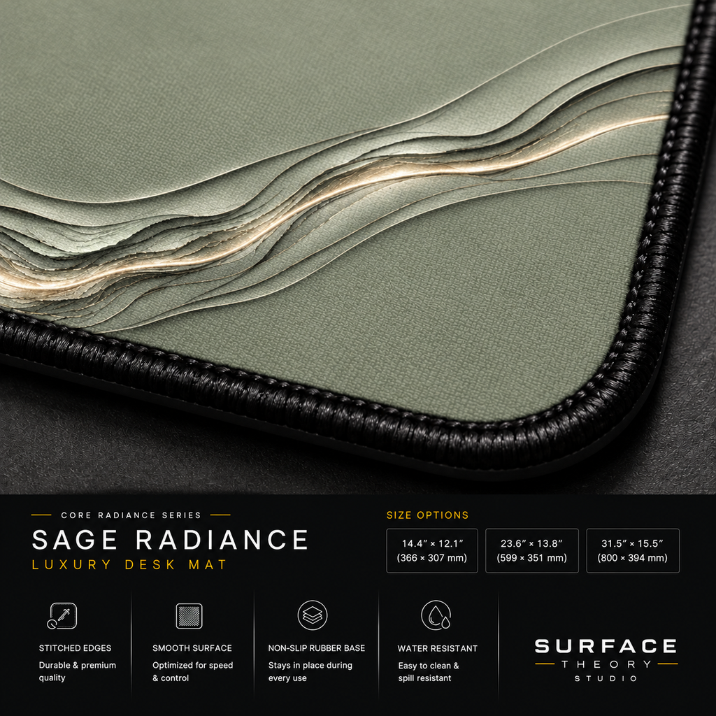 Close-up of Sage Radiance printed artwork and black stitched corner.