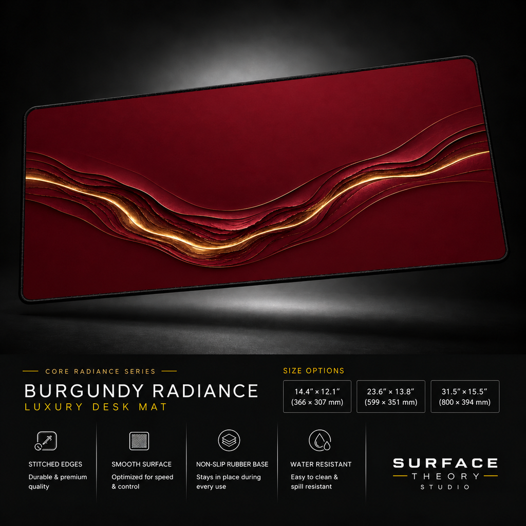 Burgundy Radiance desk mat floating against a dark studio background.