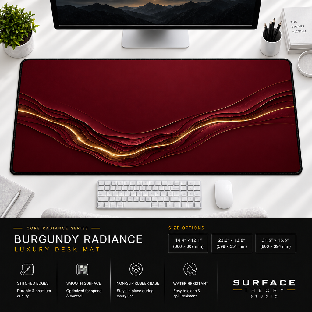 Burgundy Radiance desk mat beneath a monitor on a bright desk with a white keyboard and mouse.