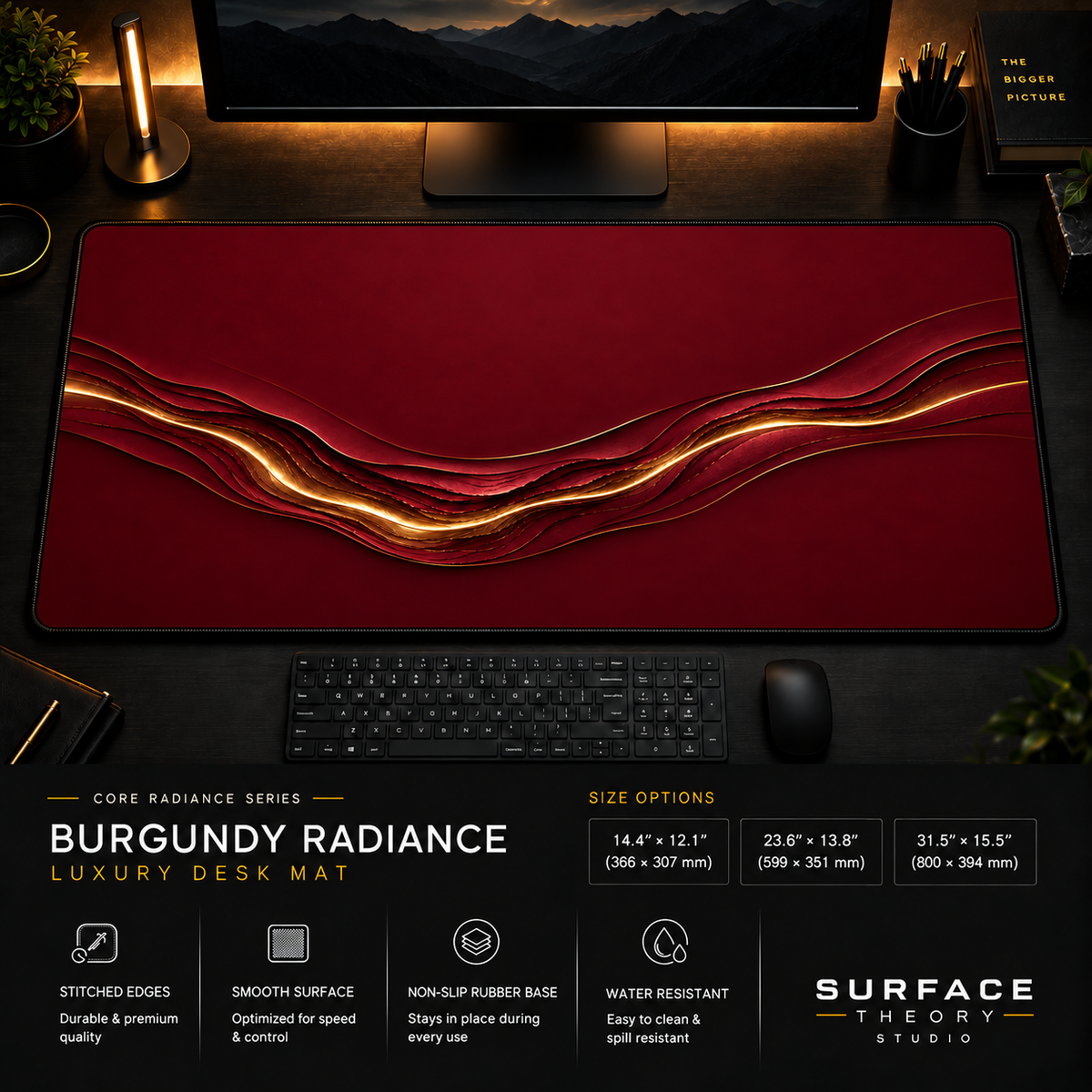 Burgundy Radiance desk mat in a dark workstation with warm monitor lighting.
