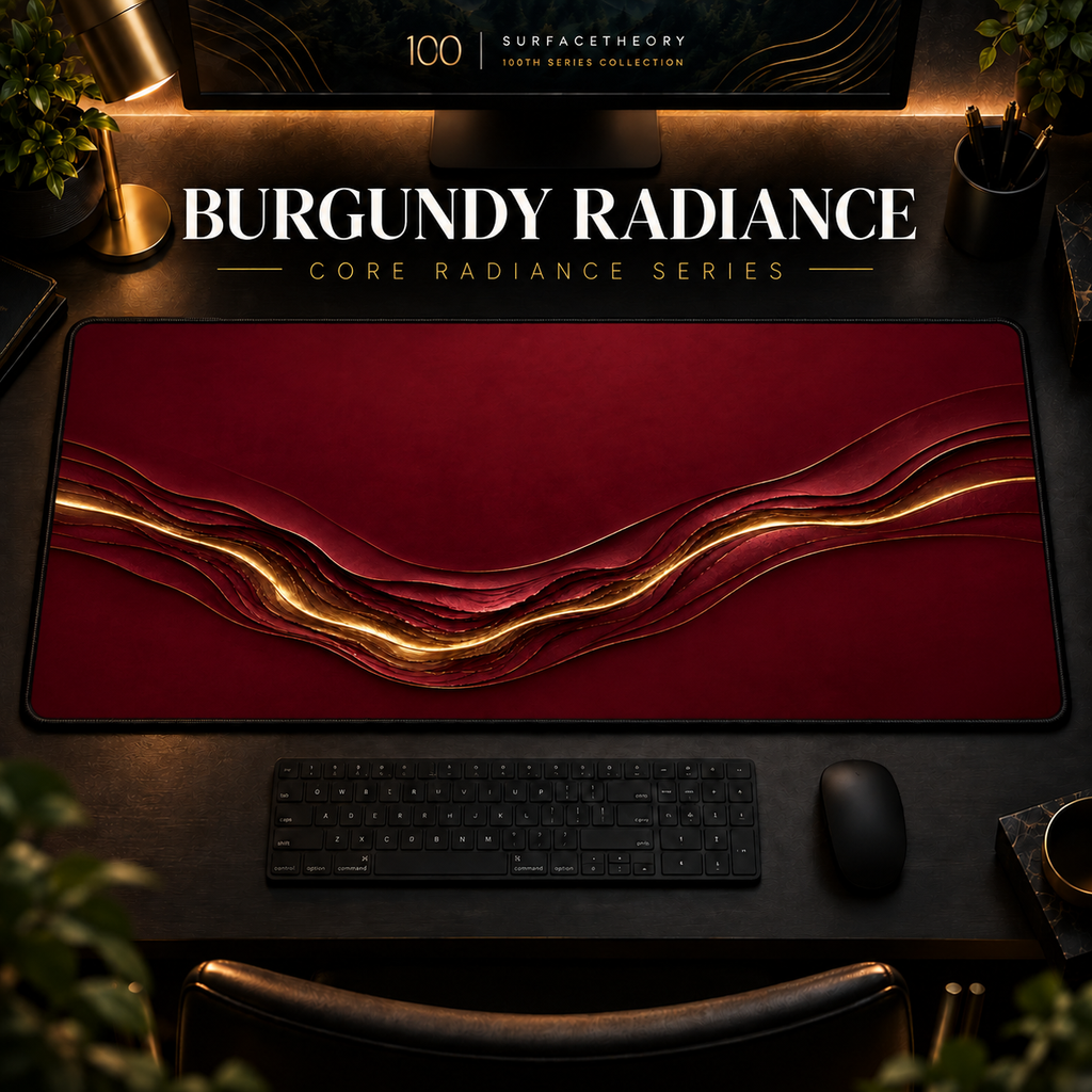 Burgundy Radiance desk mat in a warm, dark workspace.
