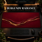 Burgundy Radiance desk mat in a warm, dark workspace.