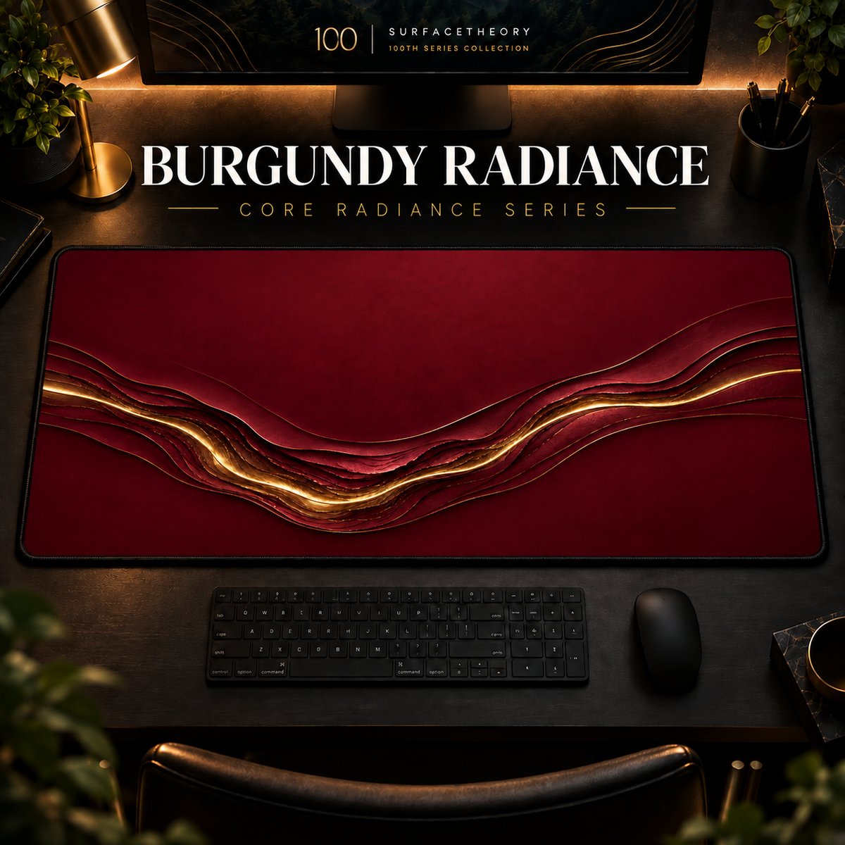 Burgundy Radiance desk mat in a warm, dark workspace.
