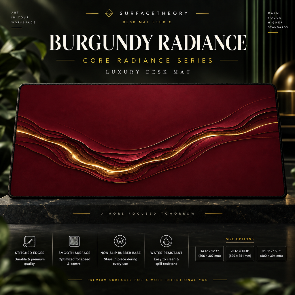Burgundy Radiance desk mat on a studio display with size and product information.