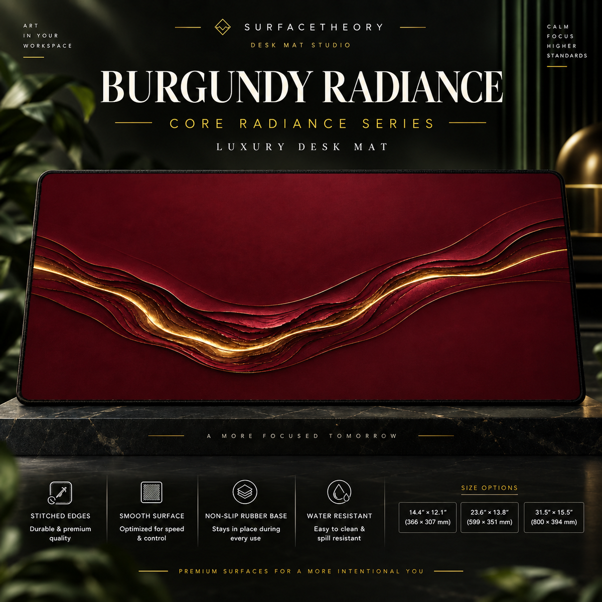 Burgundy Radiance desk mat on a studio display with size and product information.