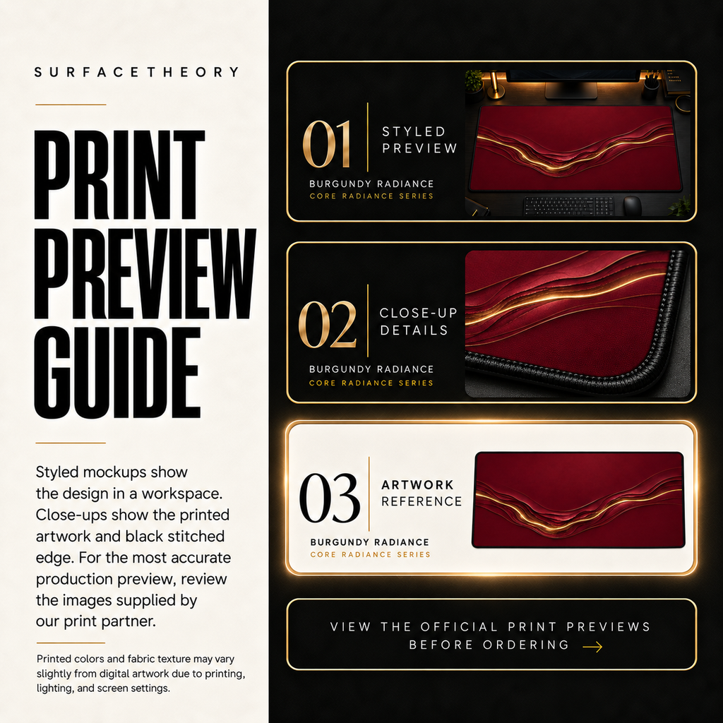 Burgundy Radiance print preview guide comparing styled presentation, close-up and artwork reference.