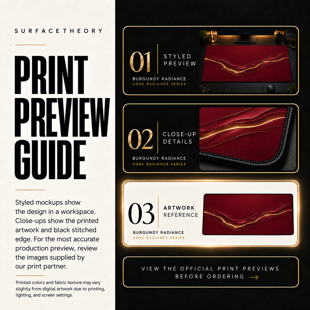 Burgundy Radiance print preview guide comparing styled presentation, close-up and artwork reference.