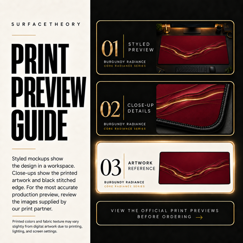 Burgundy Radiance print preview guide comparing styled presentation, close-up and artwork reference.