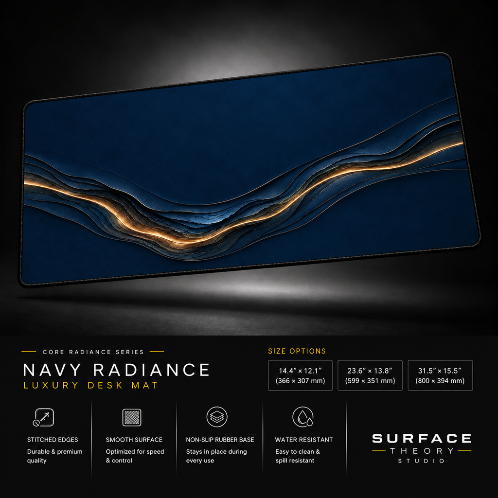 Navy Radiance desk mat floating against a dark studio background.