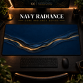 Navy Radiance desk mat in a warm, dark workspace.