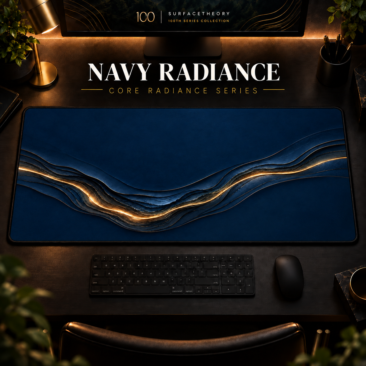 Navy Radiance desk mat in a warm, dark workspace.