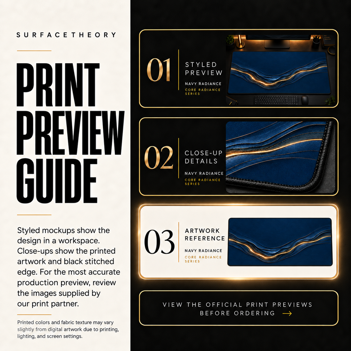 Navy Radiance print preview guide comparing styled presentation, close-up and artwork reference.