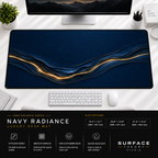 Navy Radiance desk mat beneath a monitor on a bright desk with a white keyboard and mouse.