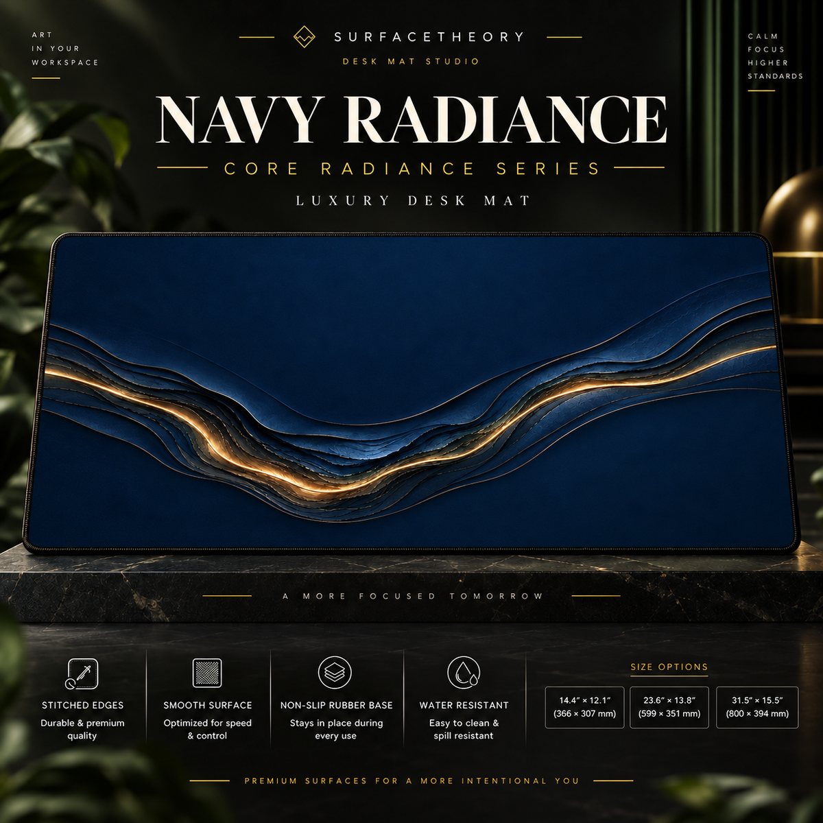 Navy Radiance desk mat on a studio display with size and product information.