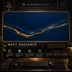 Navy Radiance desk mat in a gold-toned showcase frame above a keyboard.