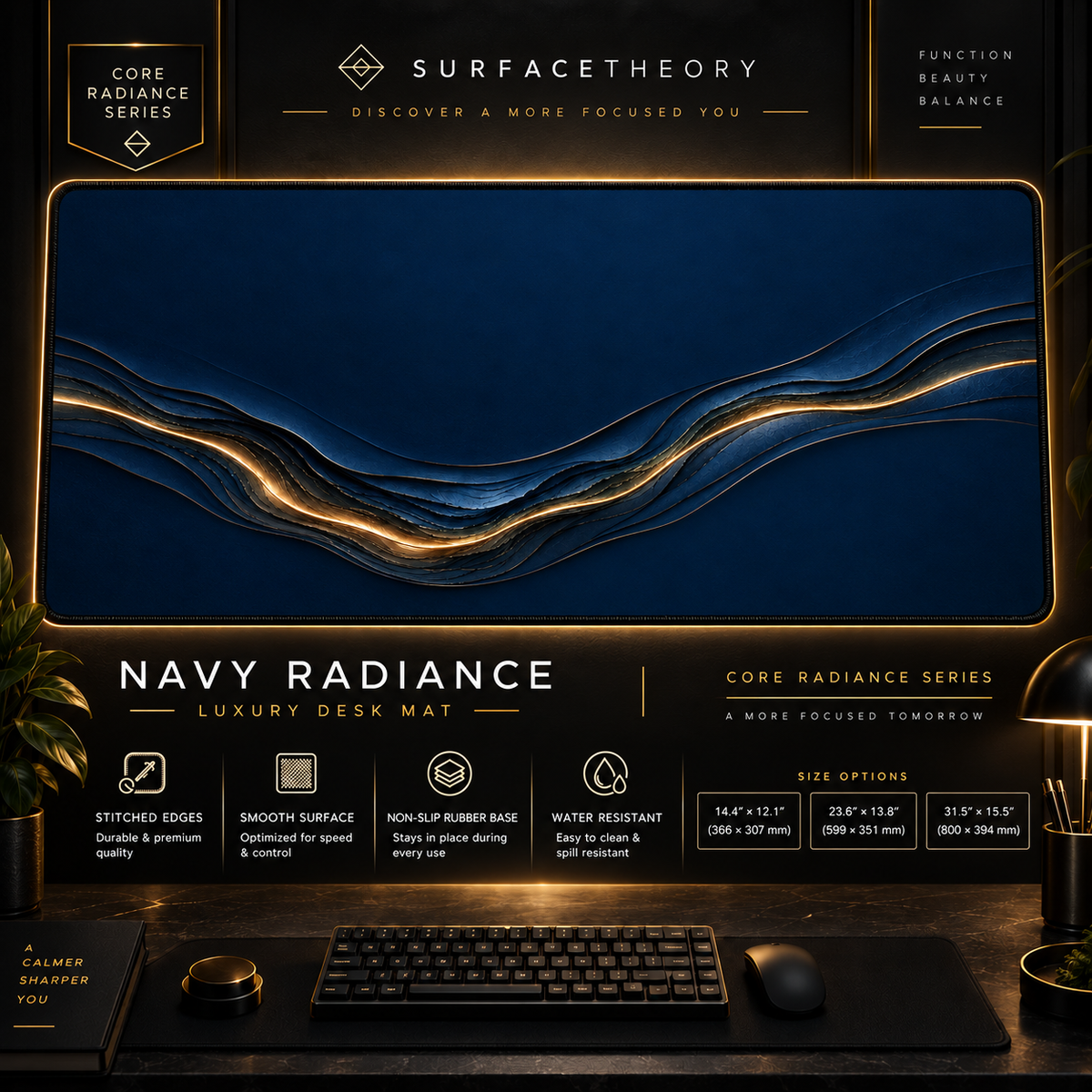 Navy Radiance desk mat in a gold-toned showcase frame above a keyboard.