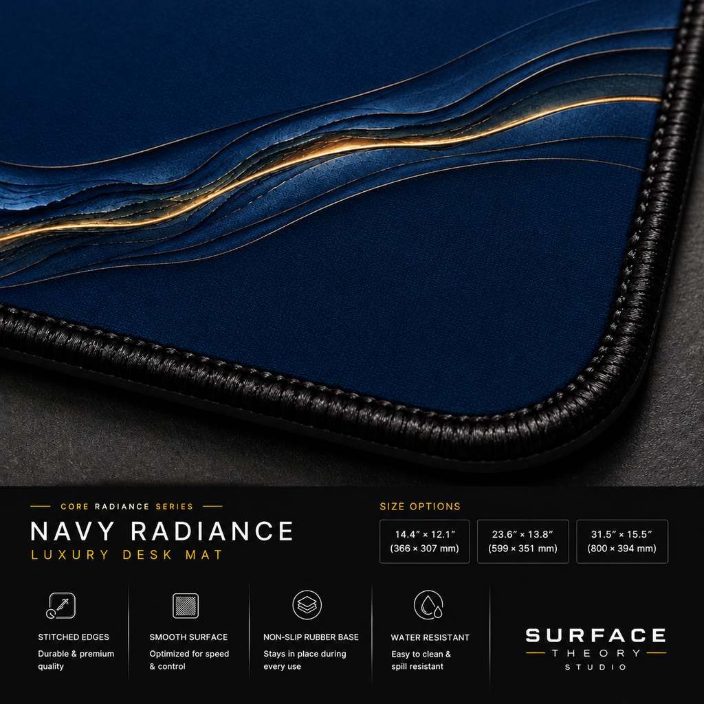 Close-up of Navy Radiance printed artwork and black stitched corner.