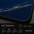 Close-up of Navy Radiance printed artwork and black stitched corner.
