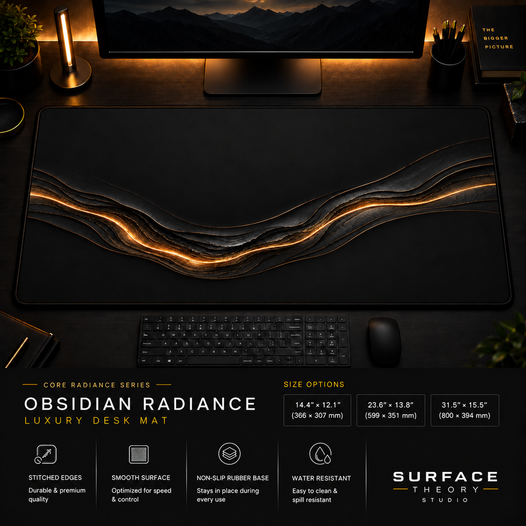 Obsidian Radiance desk mat in a dark workstation with warm monitor lighting.