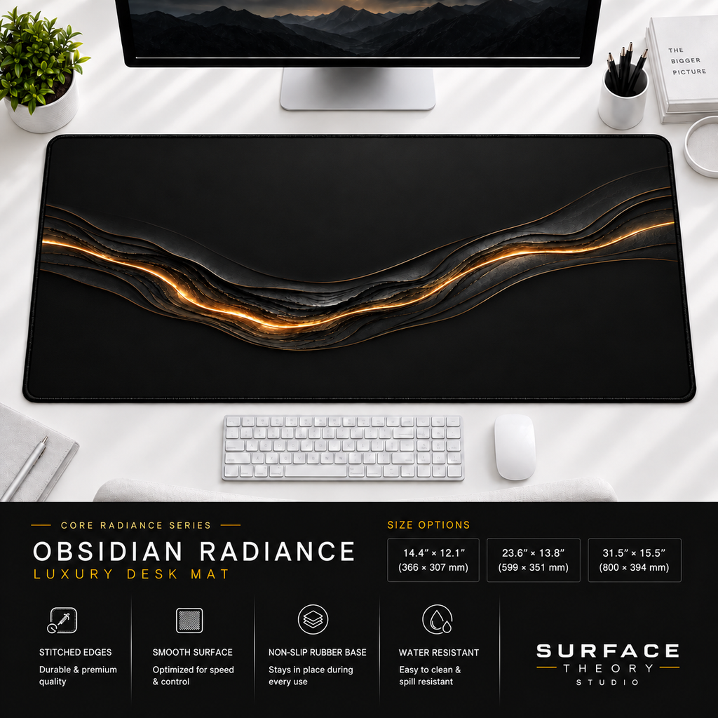 Obsidian Radiance desk mat beneath a monitor on a bright desk with a white keyboard and mouse.