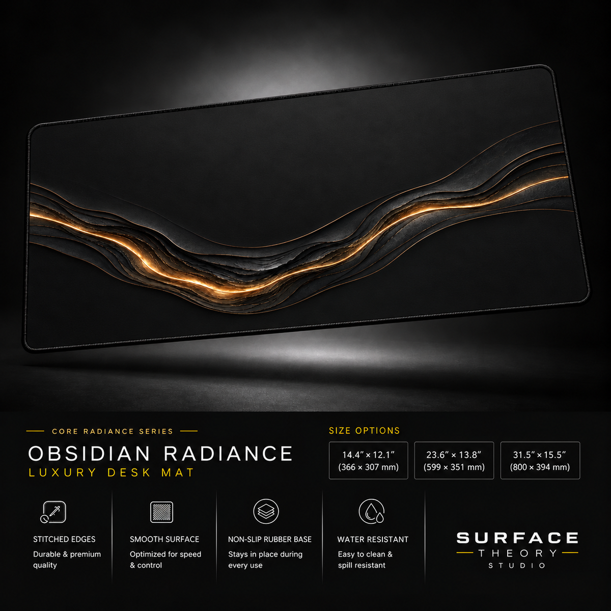 Obsidian Radiance desk mat floating against a dark studio background.