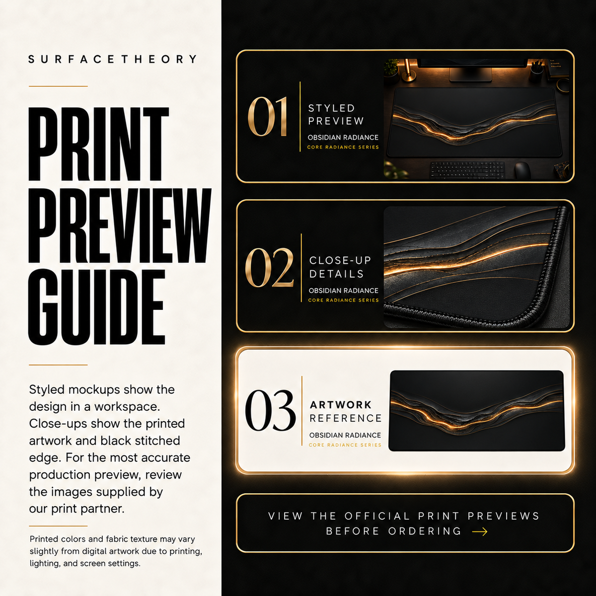 Obsidian Radiance print preview guide comparing styled presentation, close-up and artwork reference.