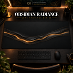 Obsidian Radiance desk mat in a warm, dark workspace.