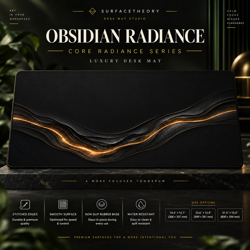 Obsidian Radiance desk mat on a studio display with size and product information.