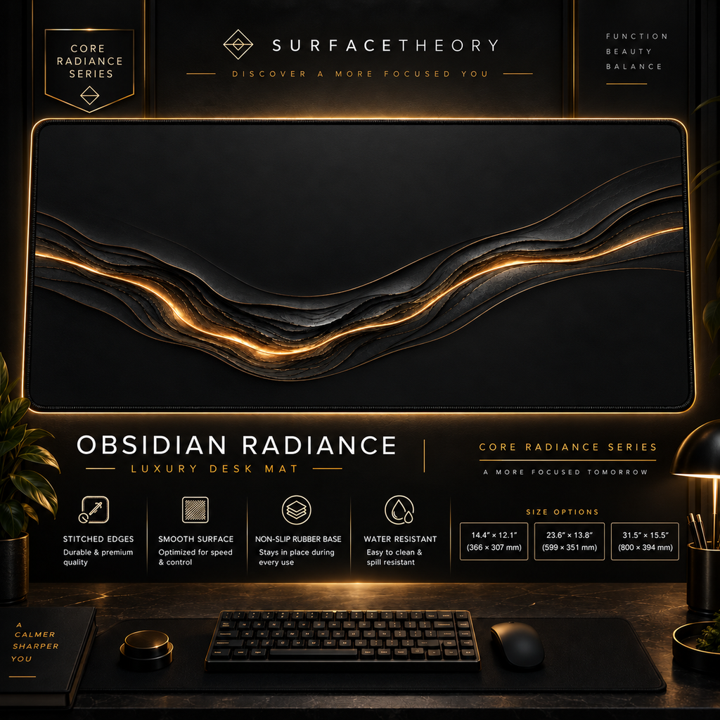 Obsidian Radiance desk mat in a gold-toned showcase frame above a keyboard.