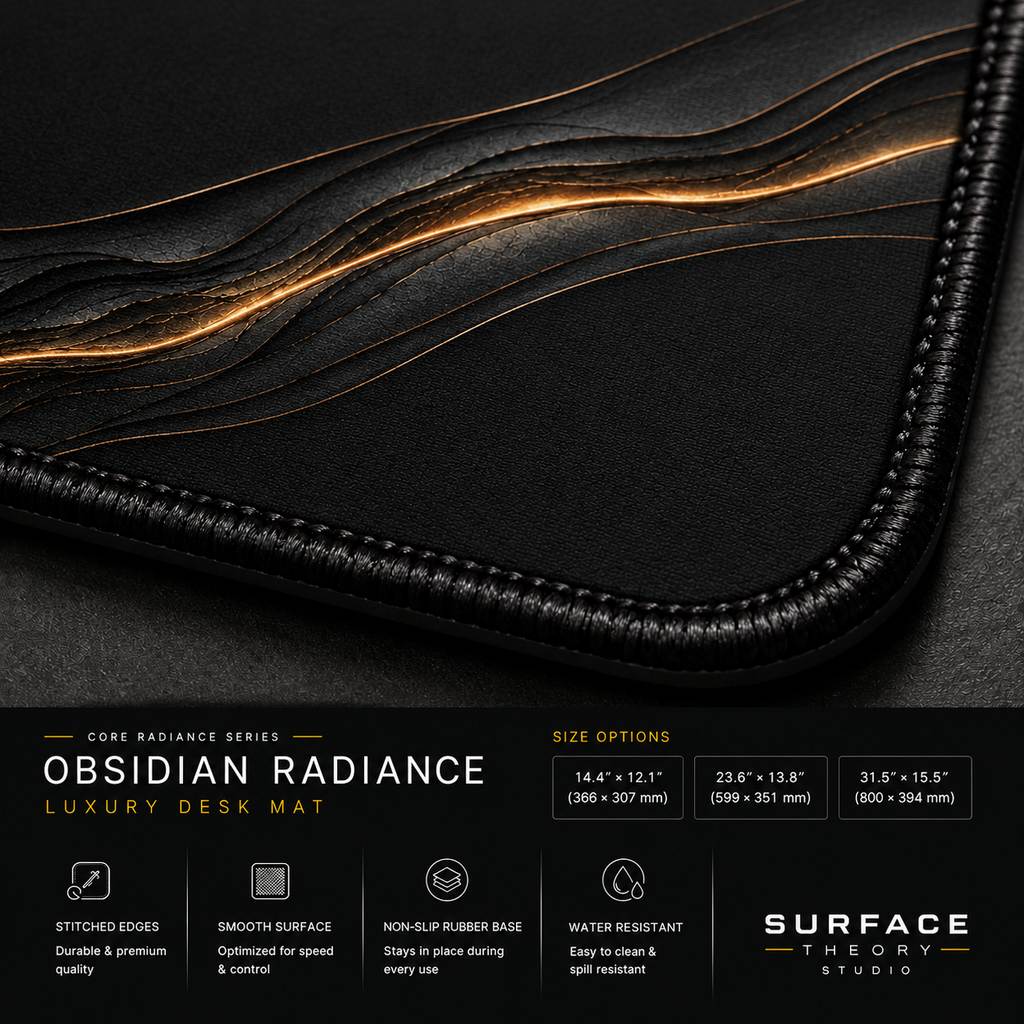 Close-up of Obsidian Radiance printed artwork and black stitched corner.