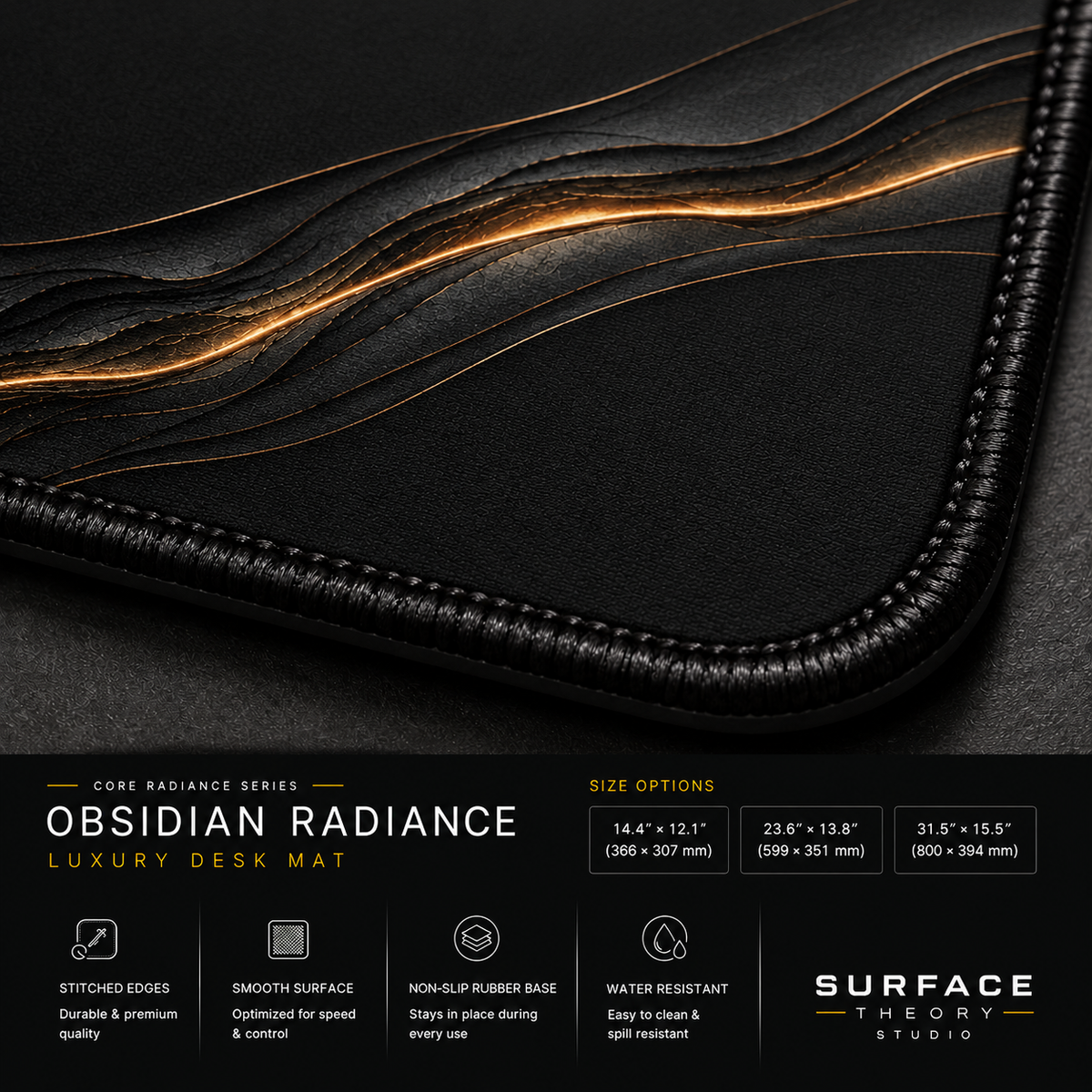 Close-up of Obsidian Radiance printed artwork and black stitched corner.