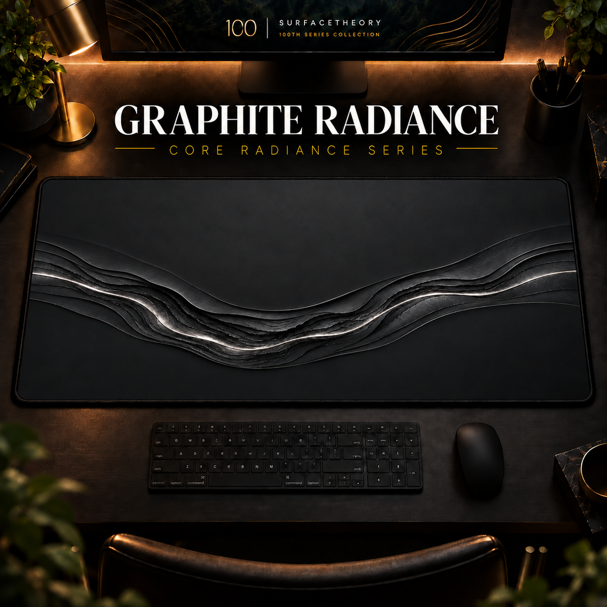 Graphite Radiance desk mat in a warm, dark workspace.