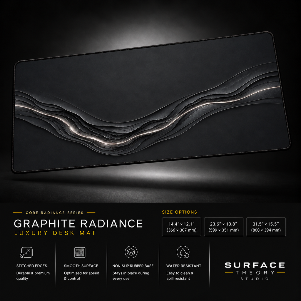 Graphite Radiance desk mat floating against a dark studio background.