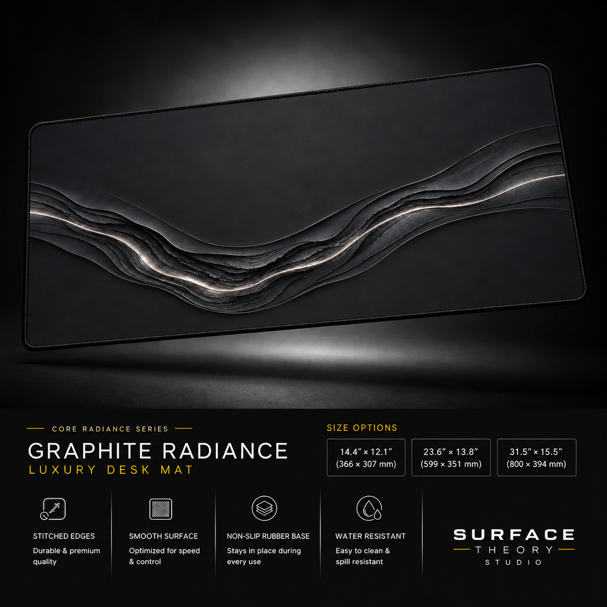 Graphite Radiance desk mat floating against a dark studio background.