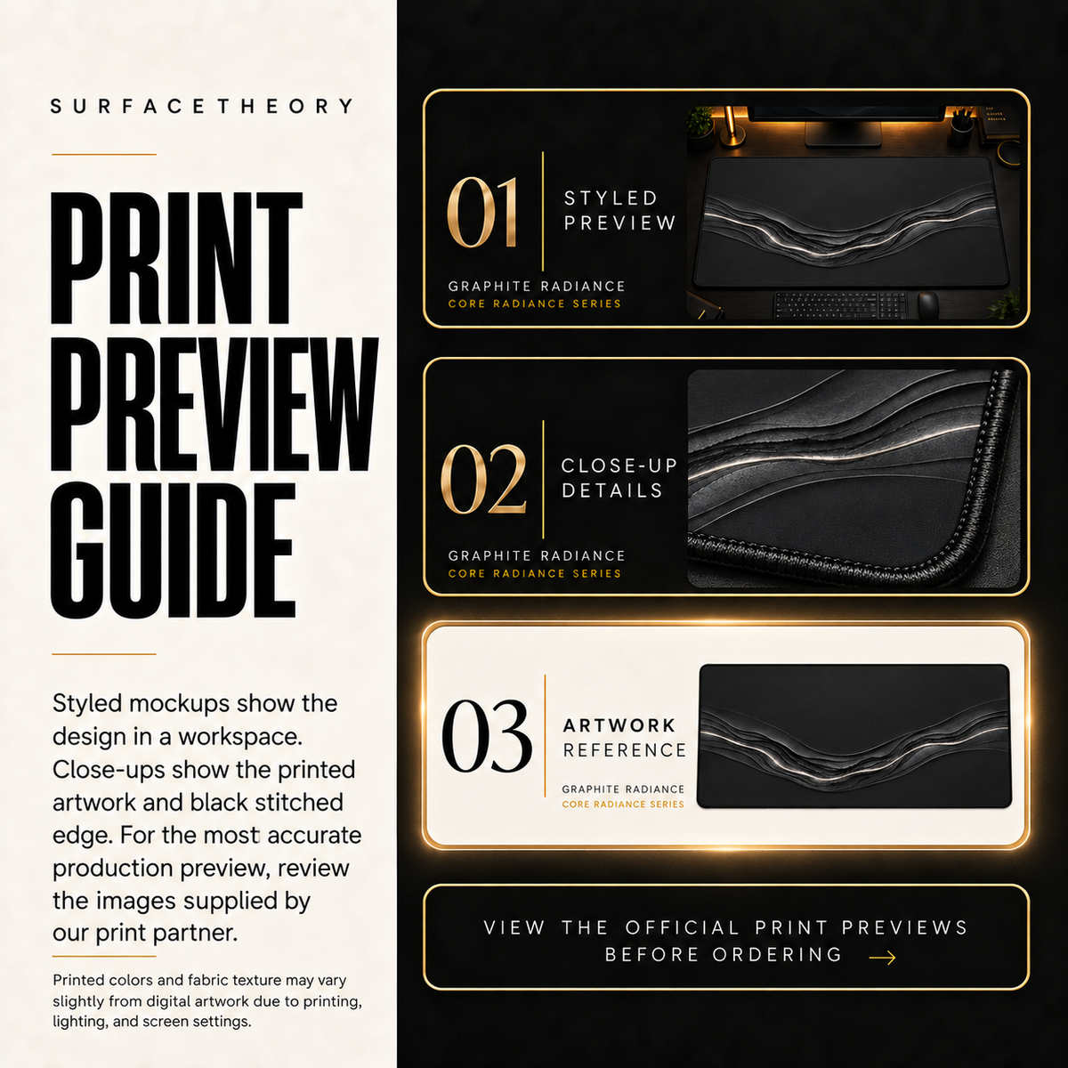 Graphite Radiance print preview guide comparing styled presentation, close-up and artwork reference.