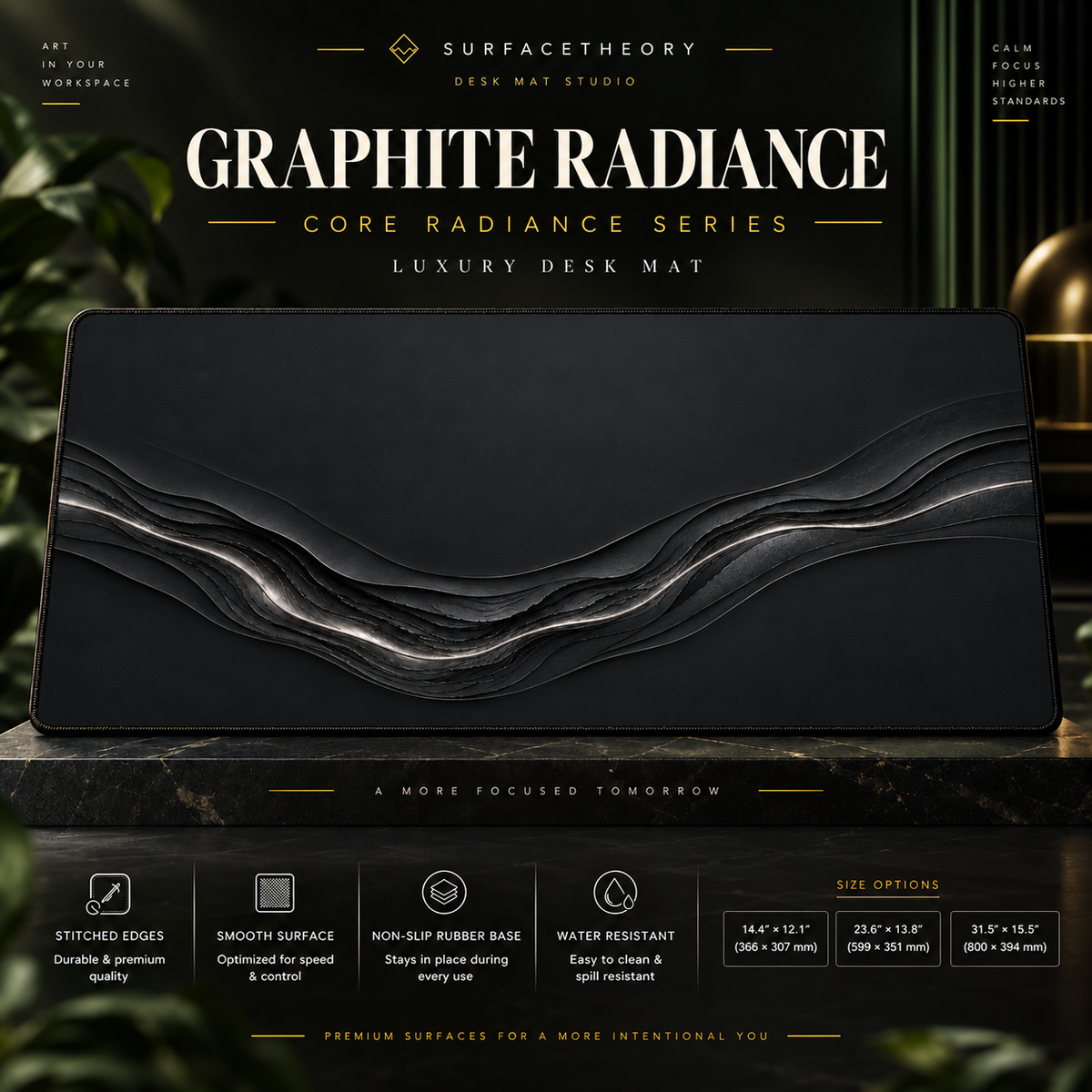 Graphite Radiance desk mat on a studio display with size and product information.
