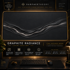 Graphite Radiance desk mat in a gold-toned showcase frame above a keyboard.