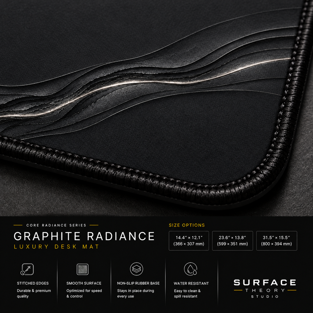 Close-up of Graphite Radiance printed artwork and black stitched corner.