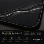 Close-up of Graphite Radiance printed artwork and black stitched corner.